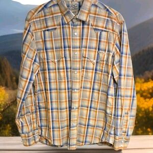 Lucky Brand Distinctive Western Men's Snap Shirt X Large Plaid Blue Beige